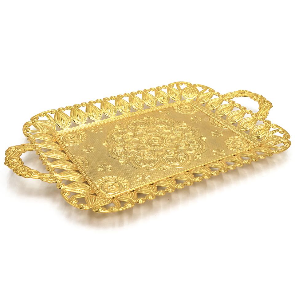 Modefa Islamic Decor Gold Turkish Rectangular Serving Tray | Ottoman Style with Tulip Border - Gold