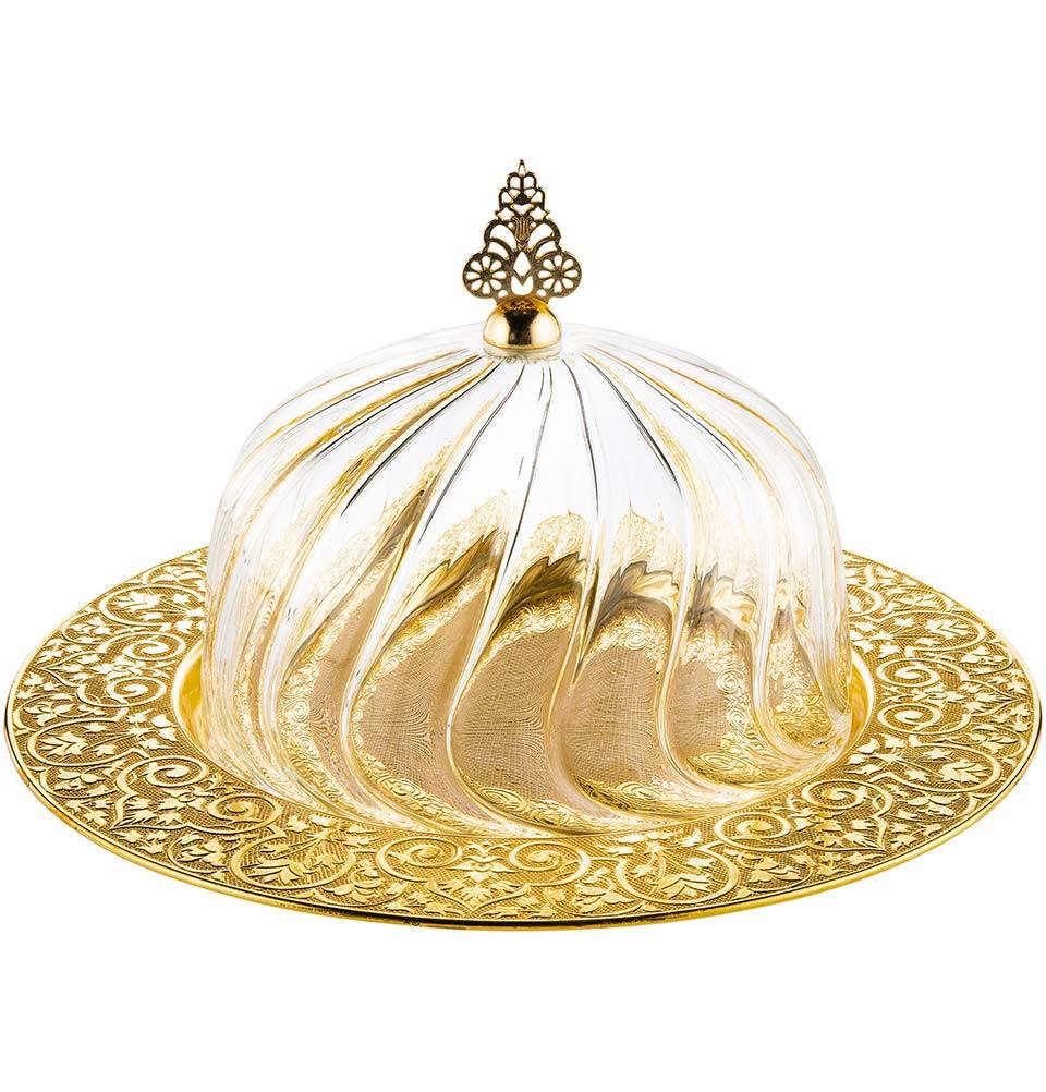 Modefa Islamic Decor Gold Turkish Serving Platter | Luxury Glass Domed Plate - Gold