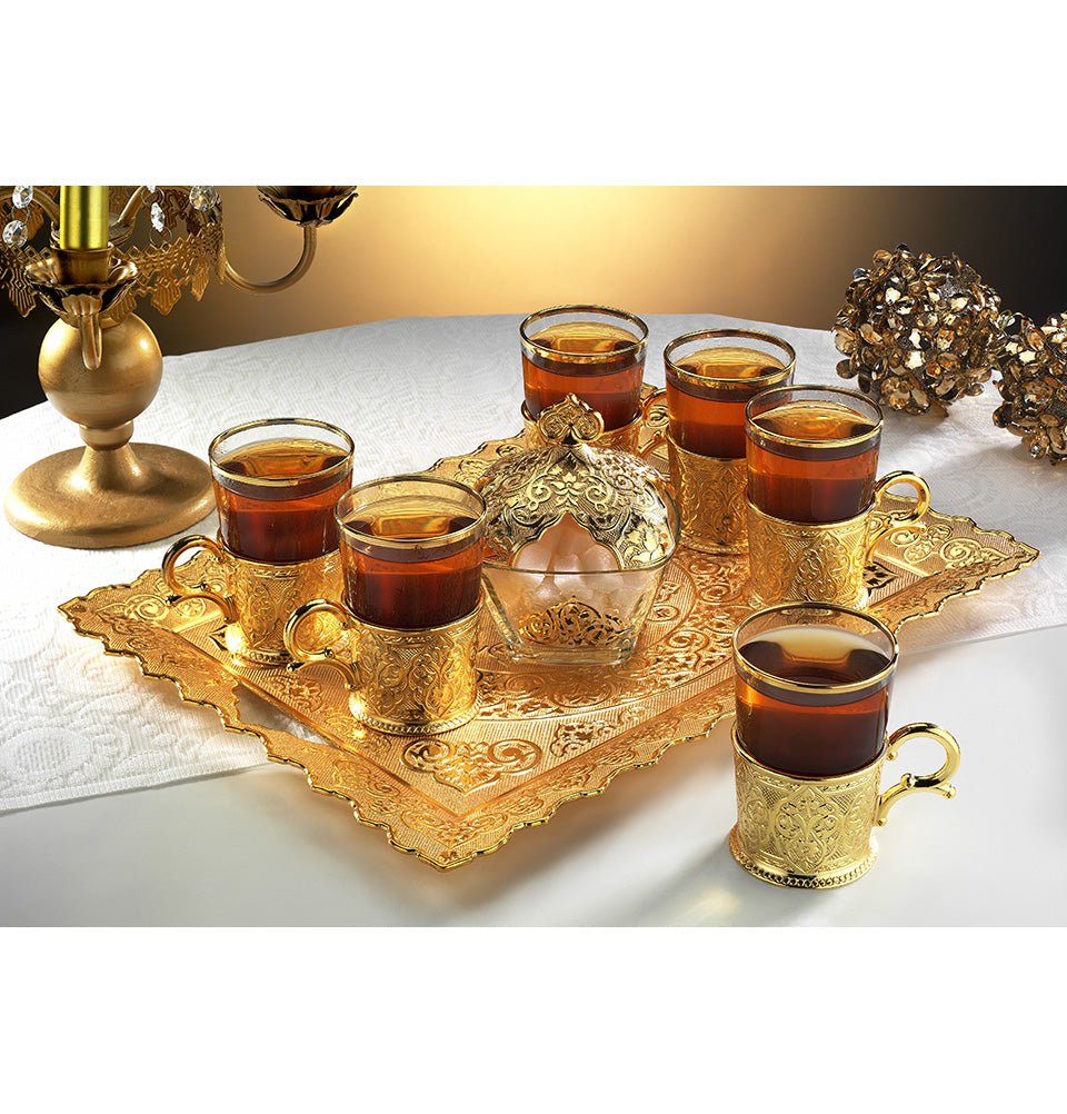 Modefa Islamic Decor Gold Turkish Set of 6 Large Tea Cups | Ottoman Style #166 Gold