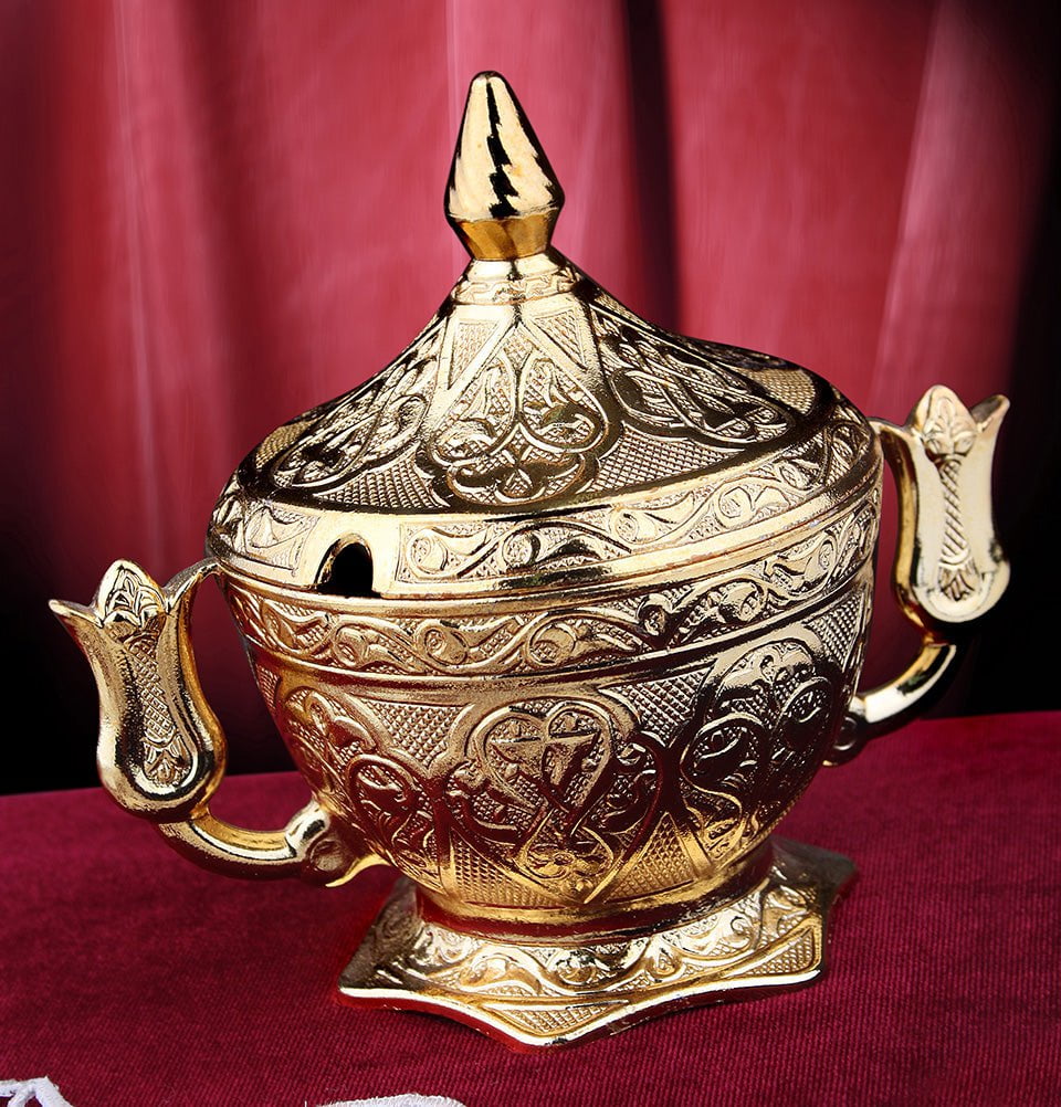 Modefa Islamic Decor Gold Turkish Sugar Bowl with Lid | Ottoman Style Engraved | Tulip # 063 Gold