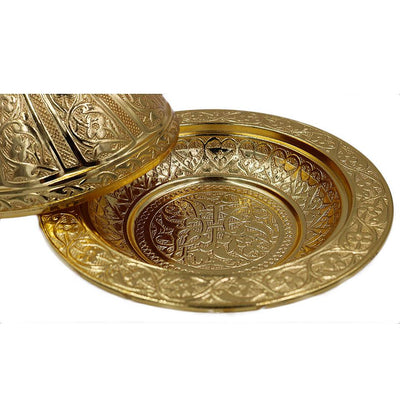 Modefa Islamic Decor Gold Turkish Tea Sugar Bowl | Ottoman Style Engraved | Round Covered Dish Bowl with Crescent - Gold