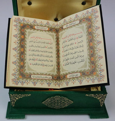Handmade Wooden Luxury Quran Display Box with Quran - Green