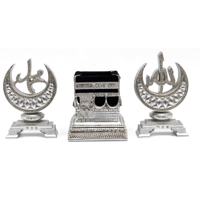 Modefa Islamic Decor Islamic Table Decor 3 Piece Set - Kaba Replica & Allah Muhammad Crescent Moon - Silver