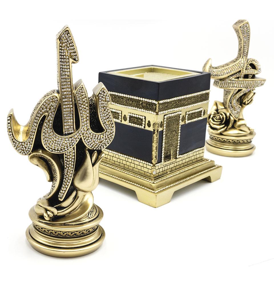 Modefa Islamic Decor Islamic Table Decor 3 Piece Set | Kaba with Tulip & Rose Allah Muhammad | Gold