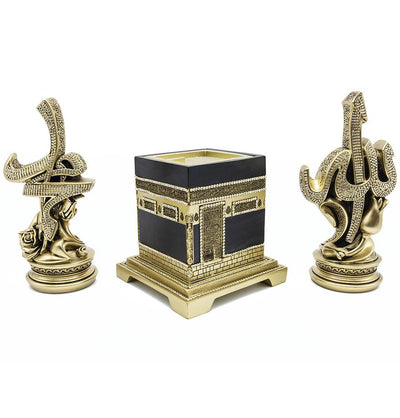 Modefa Islamic Decor Islamic Table Decor 3 Piece Set | Kaba with Tulip & Rose Allah Muhammad | Gold