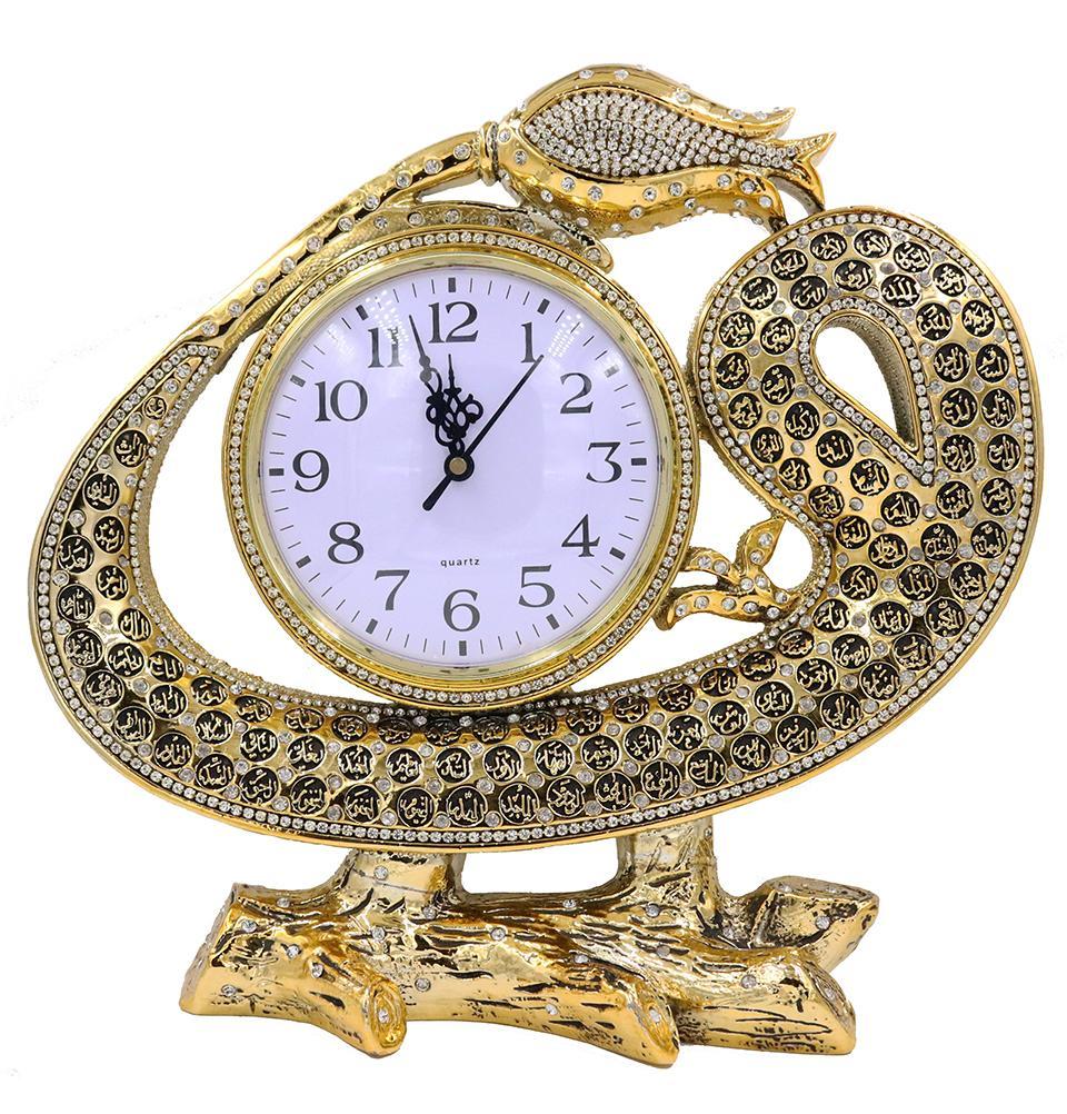 Islamic Table Decor Clock - Waw Tulip with 99 Names of Allah Gold