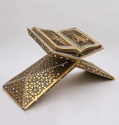 Islamic Table Decor Quran Open Book Stand Allah Muhammad - Gold