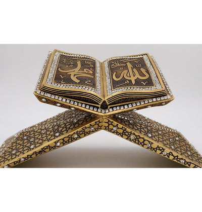 Islamic Table Decor Quran Open Book Stand Allah Muhammad - Gold