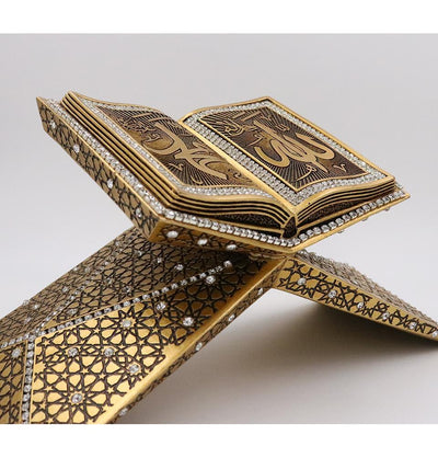 Islamic Table Decor Quran Open Book Stand Allah Muhammad - Gold