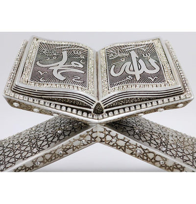 Modefa Islamic Decor Islamic Table Decor Quran Open Book Stand Allah Muhammad - Silver