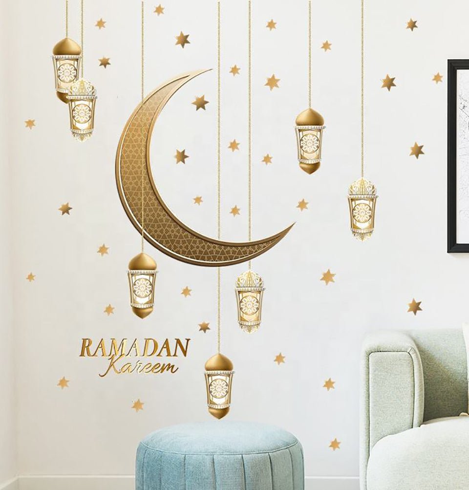 Modefa Islamic Decor Islamic Wall Decal Sticker - Ramadan Kareem Crescent Moon, Stars, & Lanterns