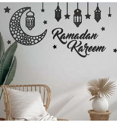 Modefa Islamic Decor Islamic Wall Decal Sticker - Ramadan Kareem Moon & Lanterns - Metallic