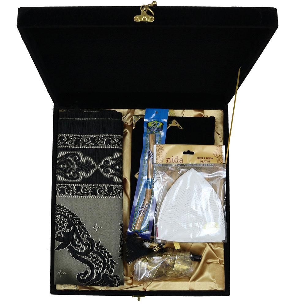 Men's Luxury Islamic Quran & Prayer Rug Gift Set 6 Pieces in Velvet Box - Black