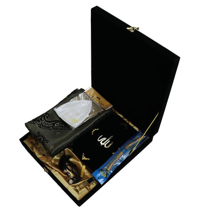 Men's Luxury Islamic Quran & Prayer Rug Gift Set 6 Pieces in Velvet Box - Black