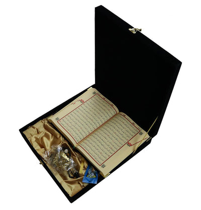 Men's Luxury Islamic Quran & Prayer Rug Gift Set 6 Pieces in Velvet Box - Black