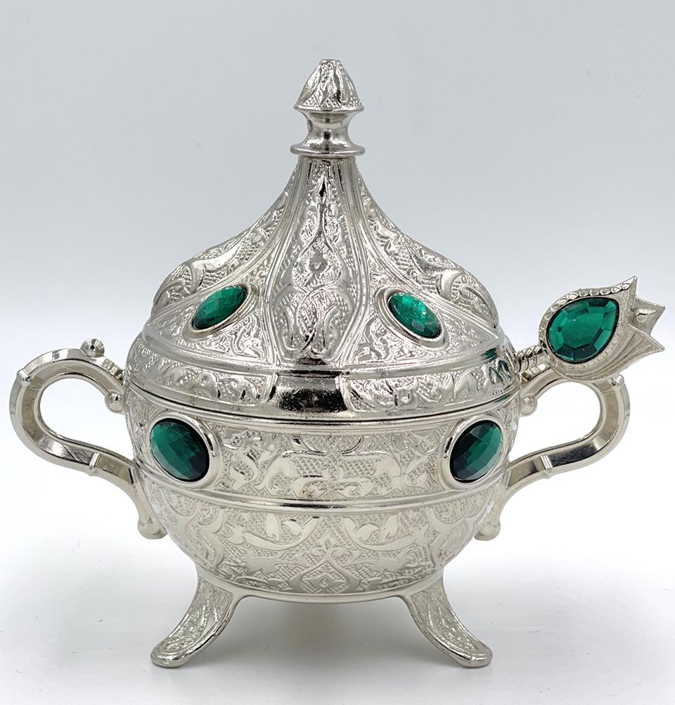 Modefa Islamic Decor Silver / Green Turkish Sugar Bowl | Ottoman Style Engraved | Round with Red Oval Stones - Silver