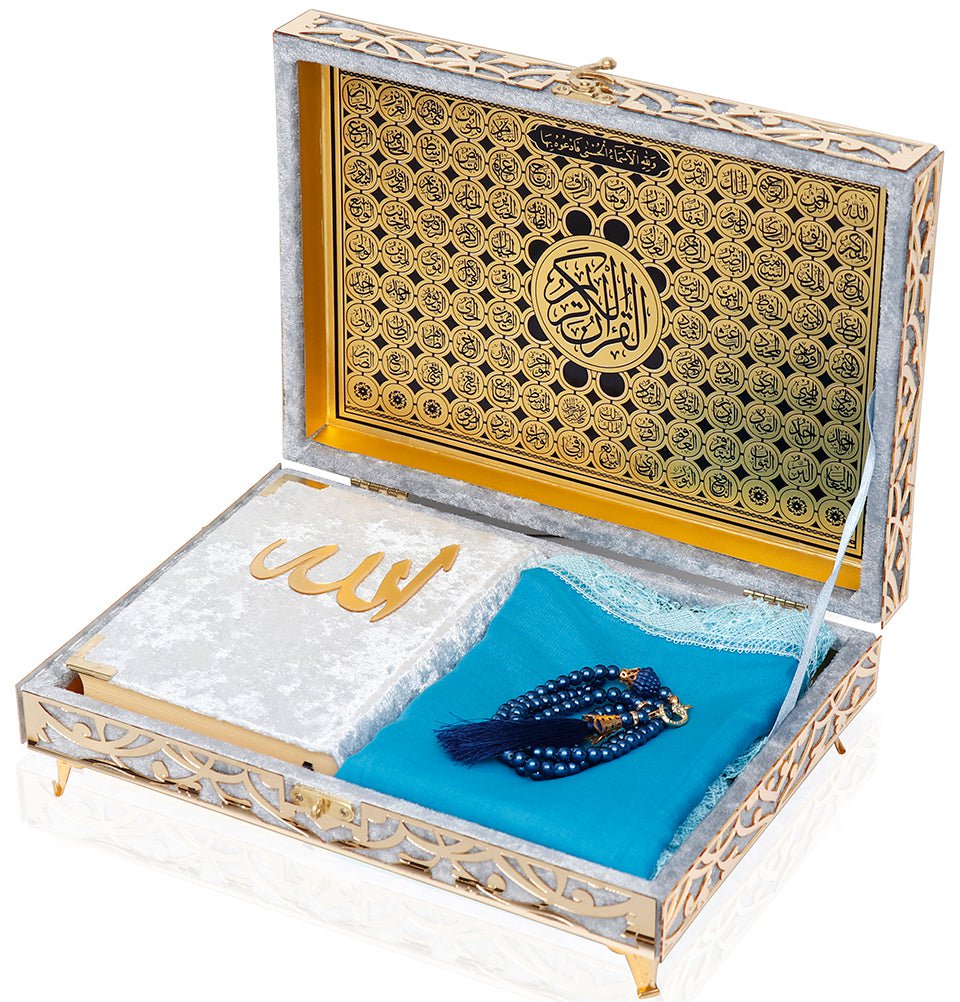 Modefa Islamic Decor Silver Holy Quran Keepsake Ikra Gift Set for Women - With Hijab & Tesbih - Silver