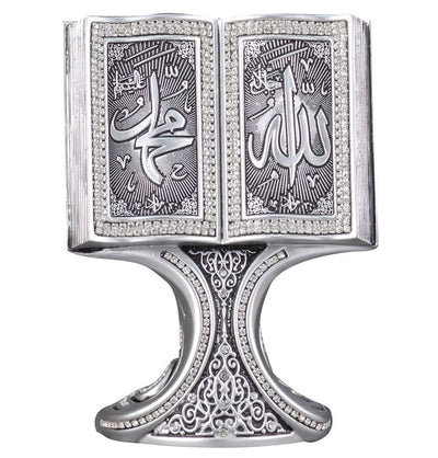 Modefa Islamic Decor Silver Islamic Table Decor | Quran Open Book with Allah & Muhammad | Silver 182-3G