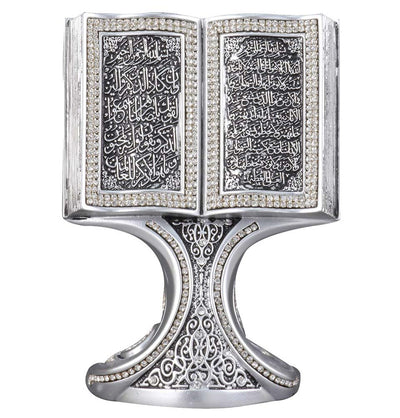 Modefa Islamic Decor Silver Islamic Table Decor | Quran Open Book with Ayatul Kursi & Nazar Dua | Silver 181-3G