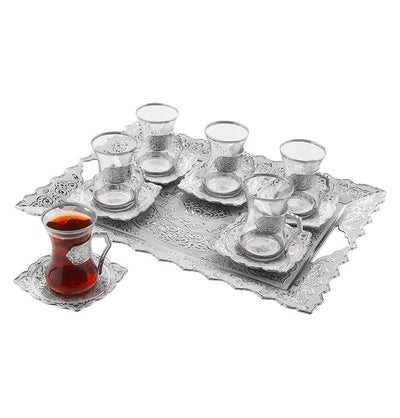 Modefa Islamic Decor Silver Turkish 7 Piece Tea Cup Set | Ottoman Style with Rectangular Tray - #162 Silver