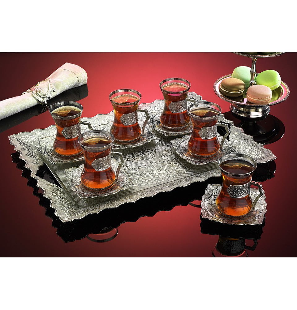 Modefa Islamic Decor Silver Turkish 7 Piece Tea Cup Set | Ottoman Style with Rectangular Tray - #162 Silver