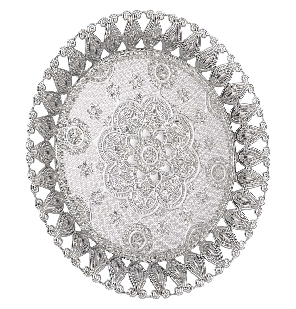 Modefa Islamic Decor Silver Turkish Circular Serving Tray | Ottoman Style with Tulip Border - Silver