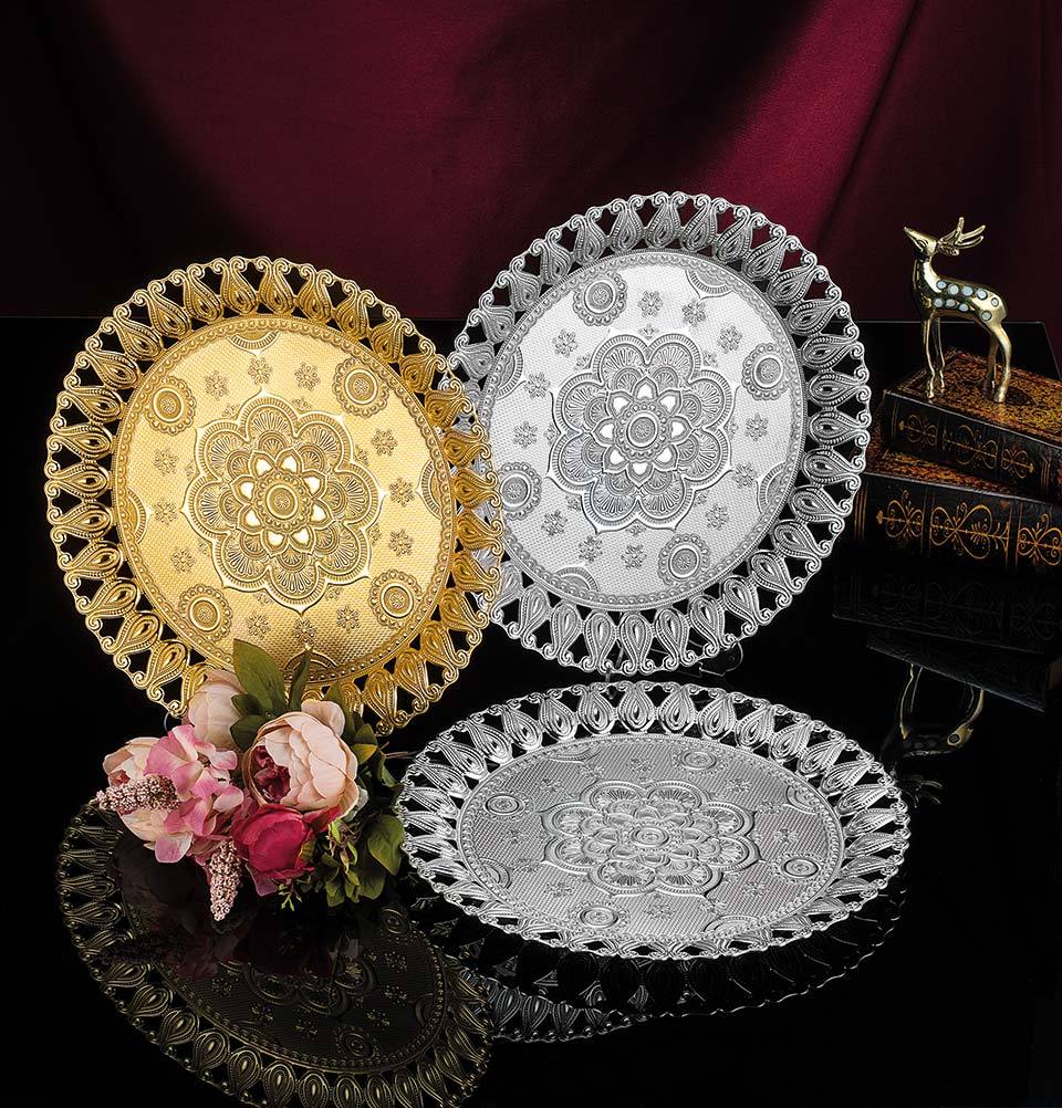Modefa Islamic Decor Silver Turkish Circular Serving Tray | Ottoman Style with Tulip Border - Silver