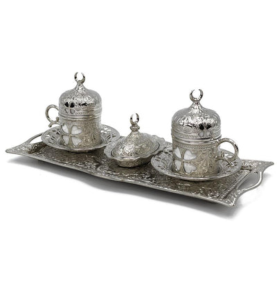 Modefa Islamic Decor Silver Turkish Luxury 4 Piece Coffee Cup Set | Ottoman Style Tray with Sugar Bowl - Silver