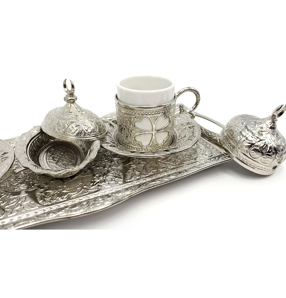 Modefa Islamic Decor Silver Turkish Luxury 4 Piece Coffee Cup Set | Ottoman Style Tray with Sugar Bowl - Silver