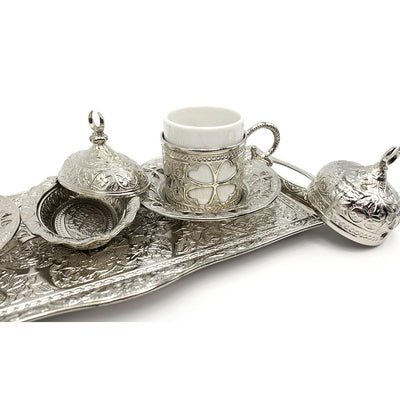 Modefa Islamic Decor Silver Turkish Luxury 4 Piece Coffee Cup Set | Ottoman Style Tray with Sugar Bowl - Silver