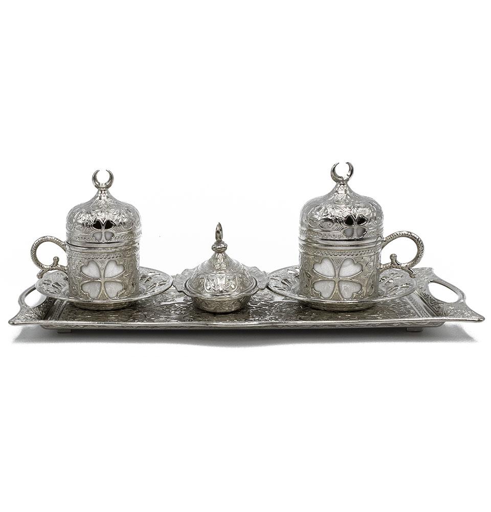 Modefa Islamic Decor Silver Turkish Luxury 4 Piece Coffee Cup Set | Ottoman Style Tray with Sugar Bowl - Silver