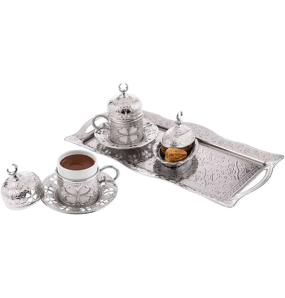 Modefa Islamic Decor Silver Turkish Luxury 4 Piece Coffee Cup Set | Ottoman Style Tray with Sugar Bowl - Silver