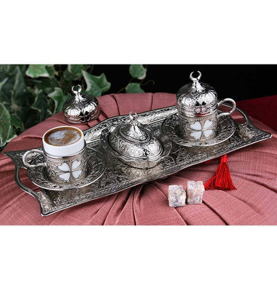 Modefa Islamic Decor Silver Turkish Luxury 4 Piece Coffee Cup Set | Ottoman Style Tray with Sugar Bowl - Silver