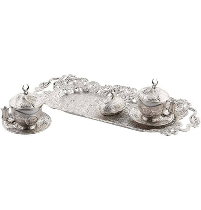 Modefa Islamic Decor Silver Turkish Luxury 4 Piece Coffee Cup Set with Sugar Bowl | Turkish Tulips - Silver