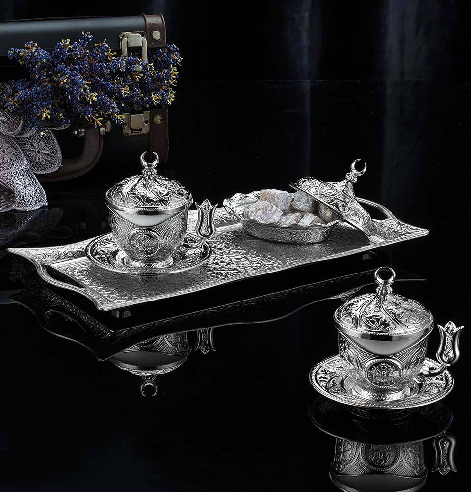 Modefa Islamic Decor Silver Turkish Luxury 4 Piece Coffee Cup Set with Sugar Bowl | Turkish Tulips - Silver