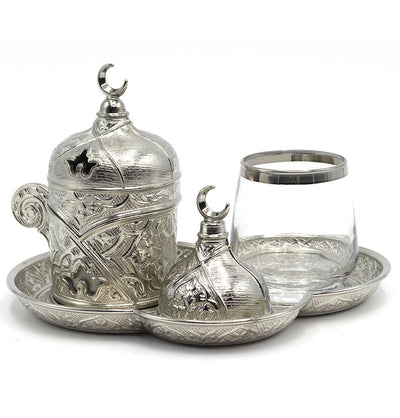 Modefa Islamic Decor Silver Turkish Luxury 4 Piece Coffee & Zamzam Water Cup Set | Ottoman Style Tray - Silver