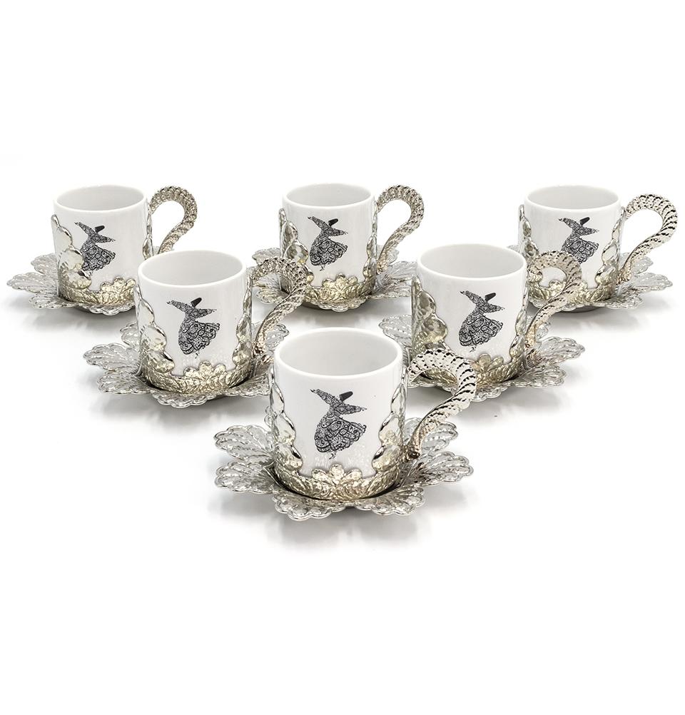 Modefa Islamic Decor Silver Turkish Luxury 6 Piece Coffee Cup Set | Ottoman Style with Dervish Artwork - Silver