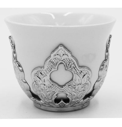Modefa Islamic Decor Silver Turkish Luxury 7 Piece Coffee Cup Set with Sugar Bowl | Ottoman Style Engraved - Silver