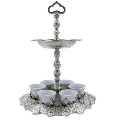 Modefa Islamic Decor Silver Turkish Luxury 7 Piece Coffee Cup Set with Sugar Bowl | Ottoman Style Engraved - Silver