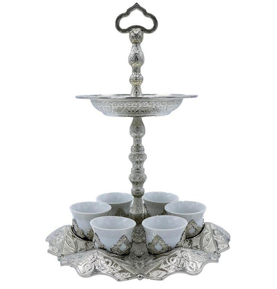 Modefa Islamic Decor Silver Turkish Luxury 7 Piece Coffee Cup Set with Sugar Bowl | Ottoman Style Engraved - Silver