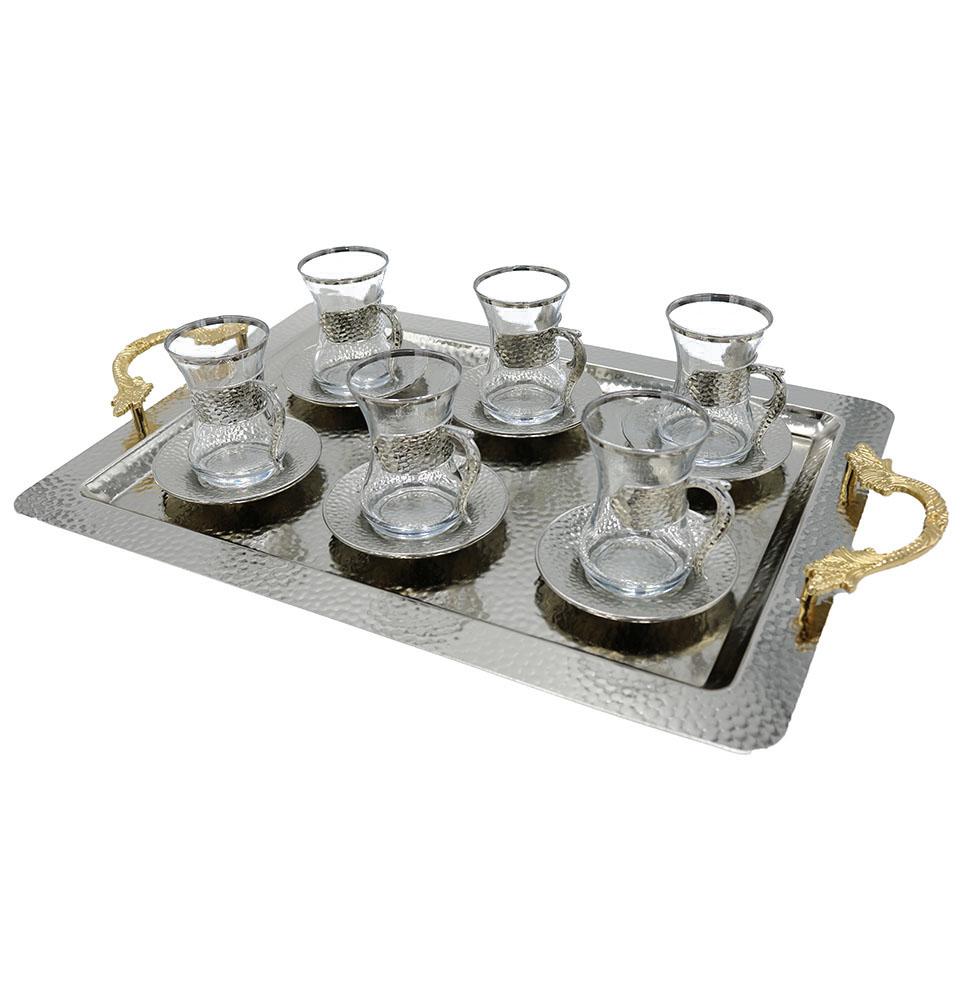 Modefa Islamic Decor Silver Turkish Luxury 7 Piece Tea Cup Set | Ottoman Style with Rectangular Tray - Silver