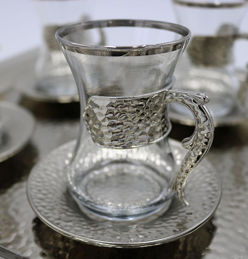 Modefa Islamic Decor Silver Turkish Luxury 7 Piece Tea Cup Set | Ottoman Style with Rectangular Tray - Silver