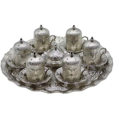 Modefa Islamic Decor Silver Turkish Luxury 8 Piece Coffee Cup Set | Ottoman Style with Dervish Engravings - Silver