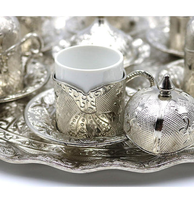 Modefa Islamic Decor Silver Turkish Luxury 8 Piece Coffee Cup Set | Ottoman Style with Dervish Engravings - Silver