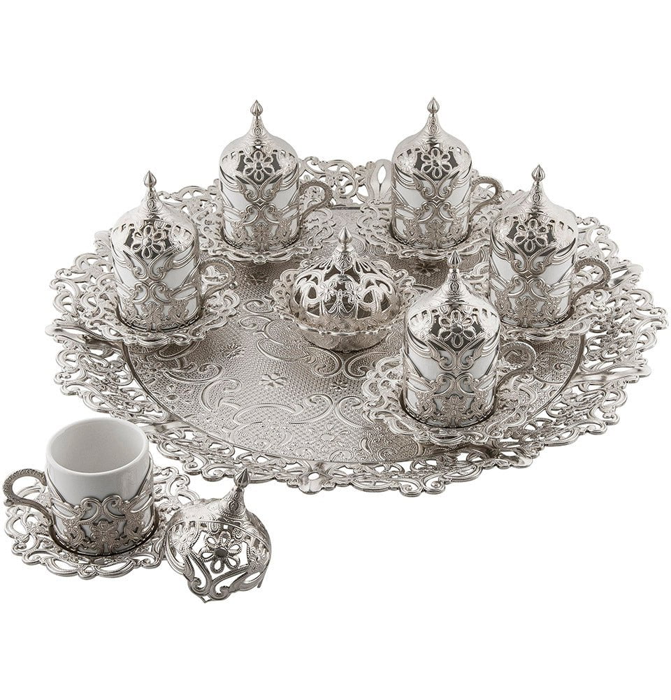 Modefa Islamic Decor Silver Turkish Luxury 8 Piece Coffee Cup Set | Ottoman Style with Floral Design #363 Silver