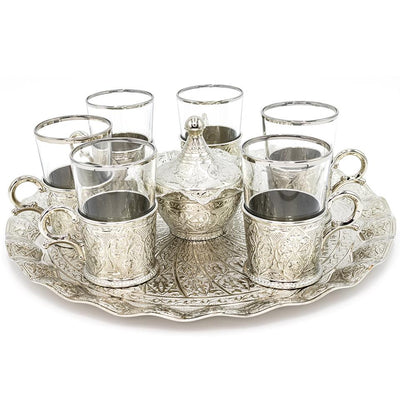 Modefa Islamic Decor Silver Turkish Luxury 8 Piece Large Tea Cup Set | Ottoman Style with Circular Tray - Silver