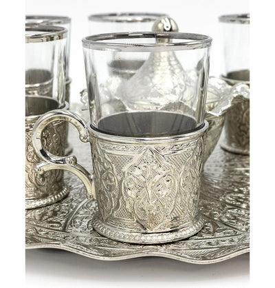 Modefa Islamic Decor Silver Turkish Luxury 8 Piece Large Tea Cup Set | Ottoman Style with Circular Tray - Silver