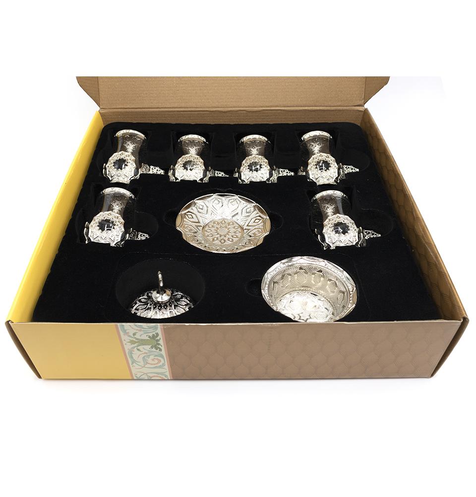 Modefa Islamic Decor Silver Turkish Luxury 8 Piece Tea Cup Set | Selcuk Star Design with Circular Tray - Silver