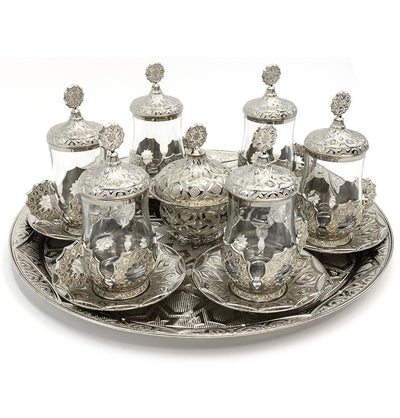 Modefa Islamic Decor Silver Turkish Luxury 8 Piece Tea Cup Set | Selcuk Star Design with Circular Tray - Silver