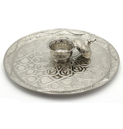 Modefa Islamic Decor Silver Turkish Luxury 8 Piece Tea Cup Set | Selcuk Star Design with Circular Tray - Silver